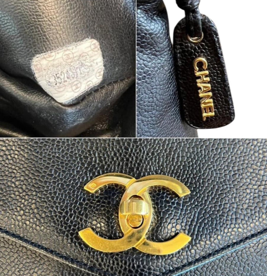 CHANEL Vintage Black Caviar Leather CC Logo Turn Lock Tote Bag