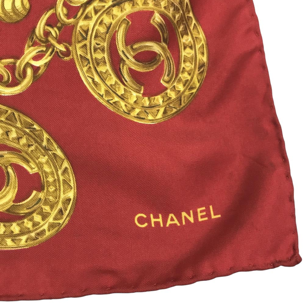 CHANEL Vintage CC Logo Jewelry Pattern Red & Gold Scarf