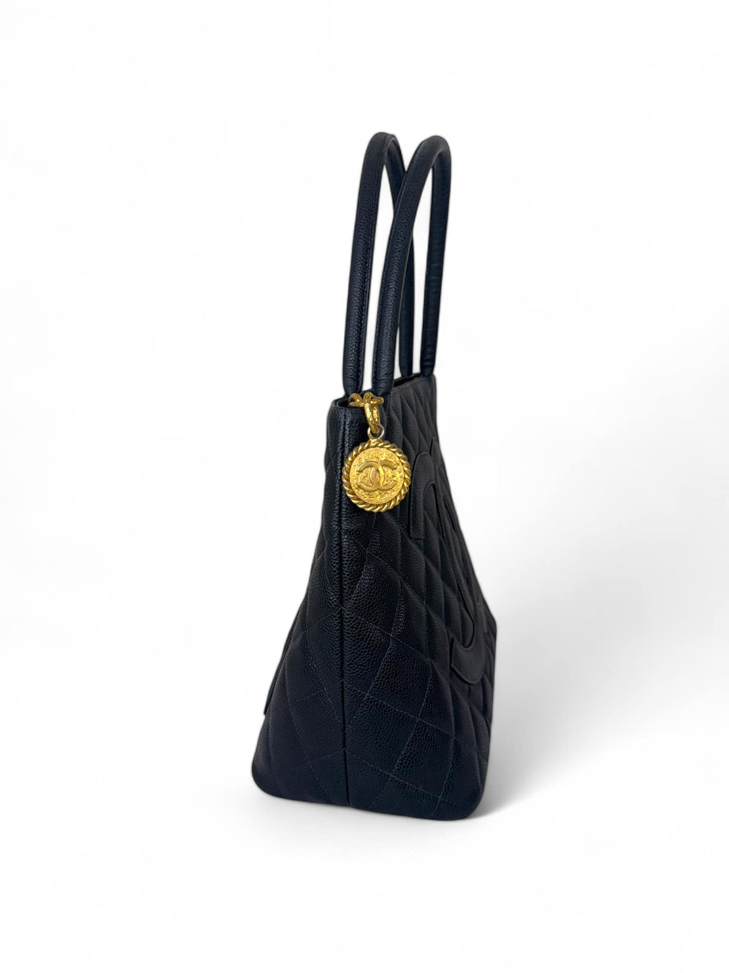 CHANEL Black Vintage CC Logo Caviar Leather Quilted Medallion Tote Bag