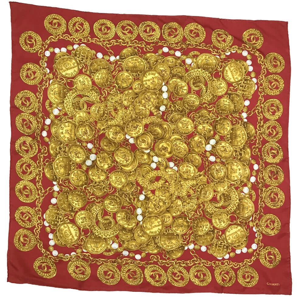 CHANEL Vintage CC Logo Jewelry Pattern Red & Gold Scarf