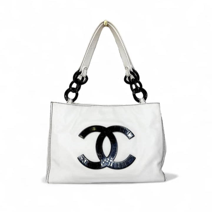 CHANEL Vintage CC Logo Black & White Caviar Bekko Chain Tote
