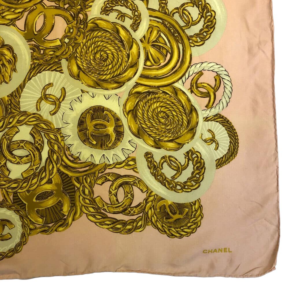 CHANEL CC Logo Pink 100% Silk Jewelry Print Scarf