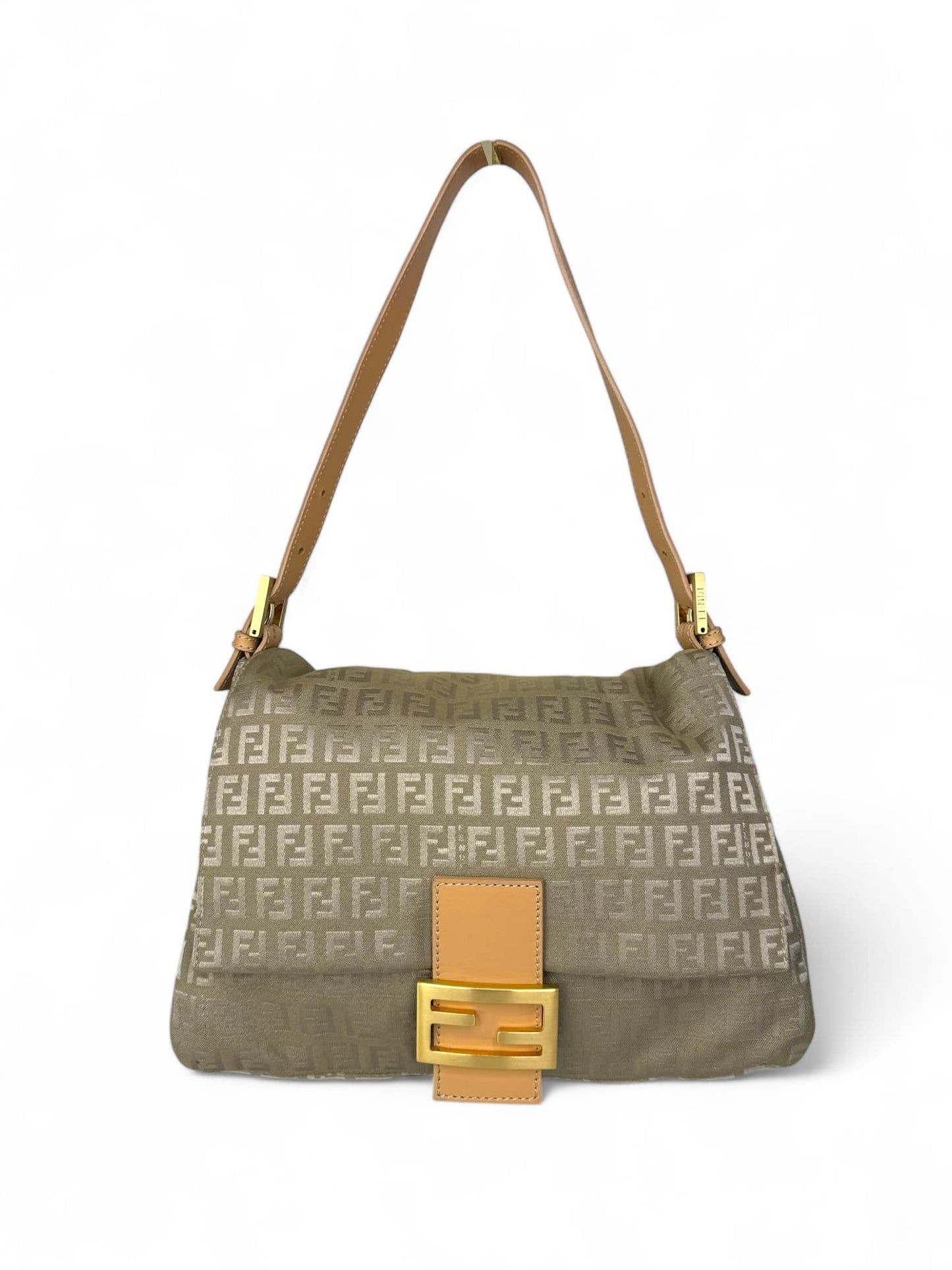 Fendi FF Zucchino Beige Mamma Baguette Canvas Shoulder Bag