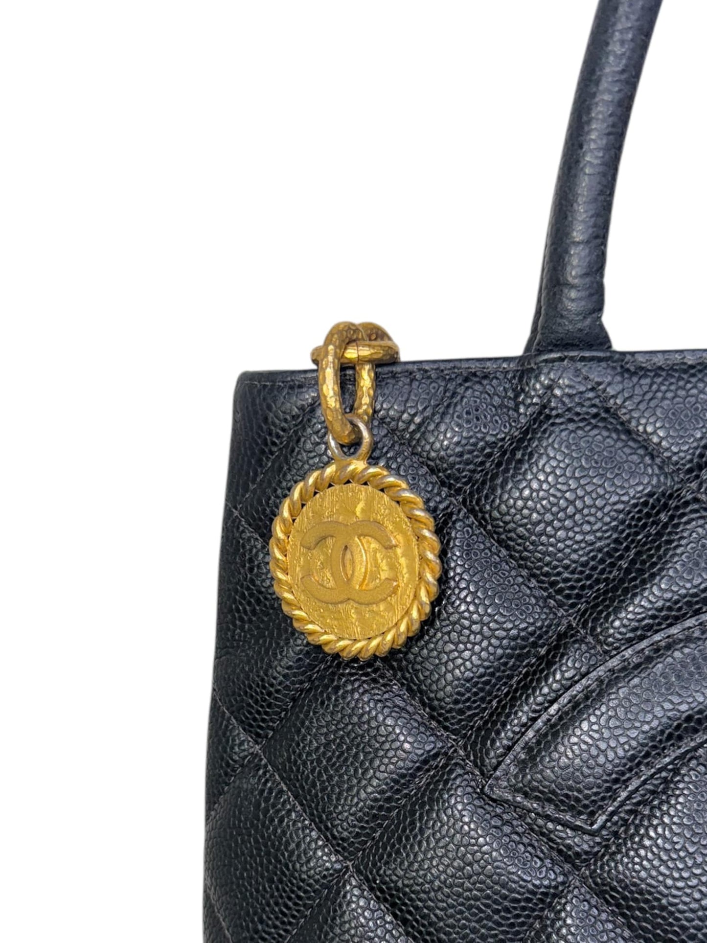 CHANEL Black Vintage CC Logo Caviar Leather Quilted Medallion Tote Bag