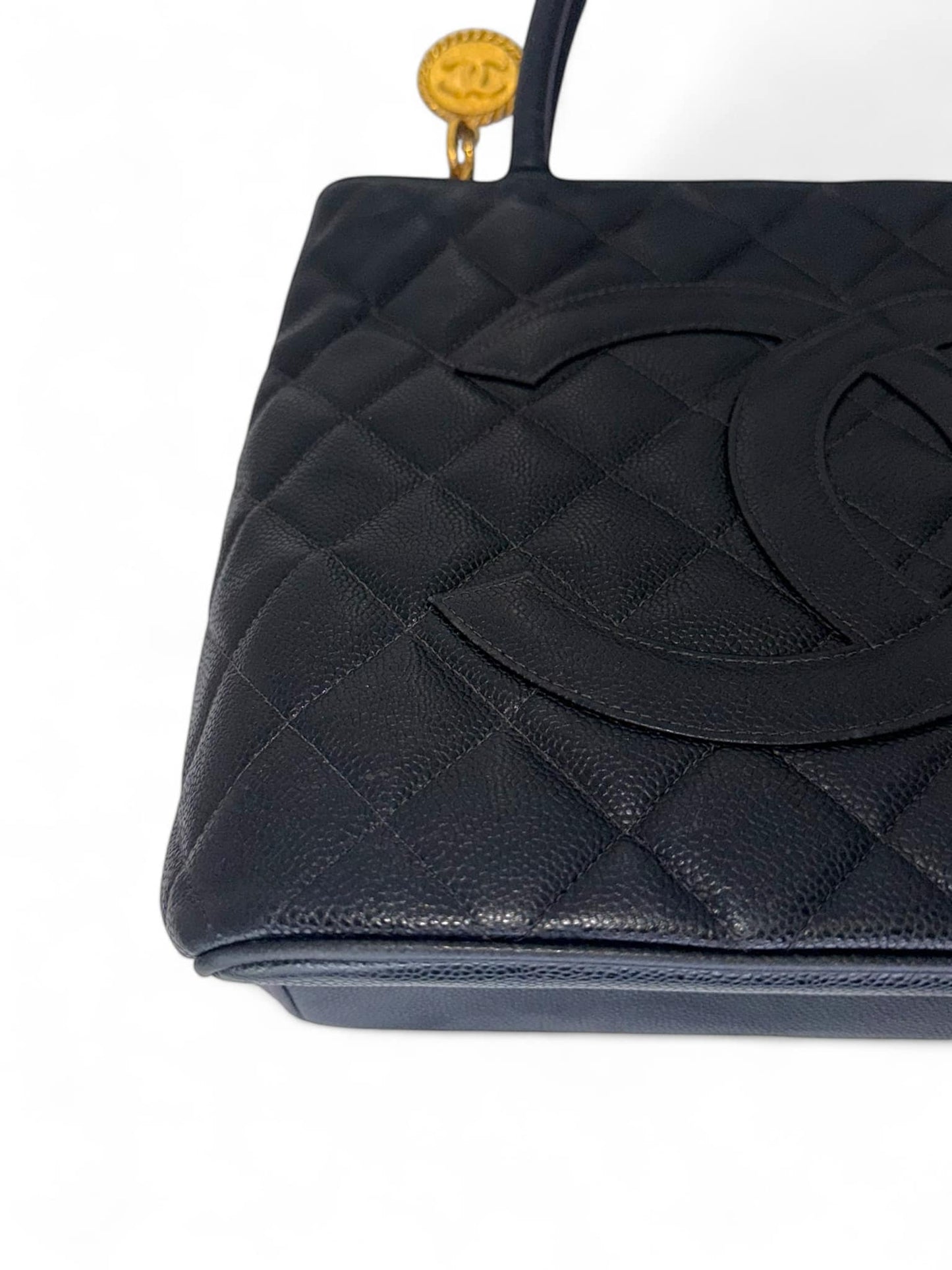 CHANEL Black Vintage CC Logo Caviar Leather Quilted Medallion Tote Bag