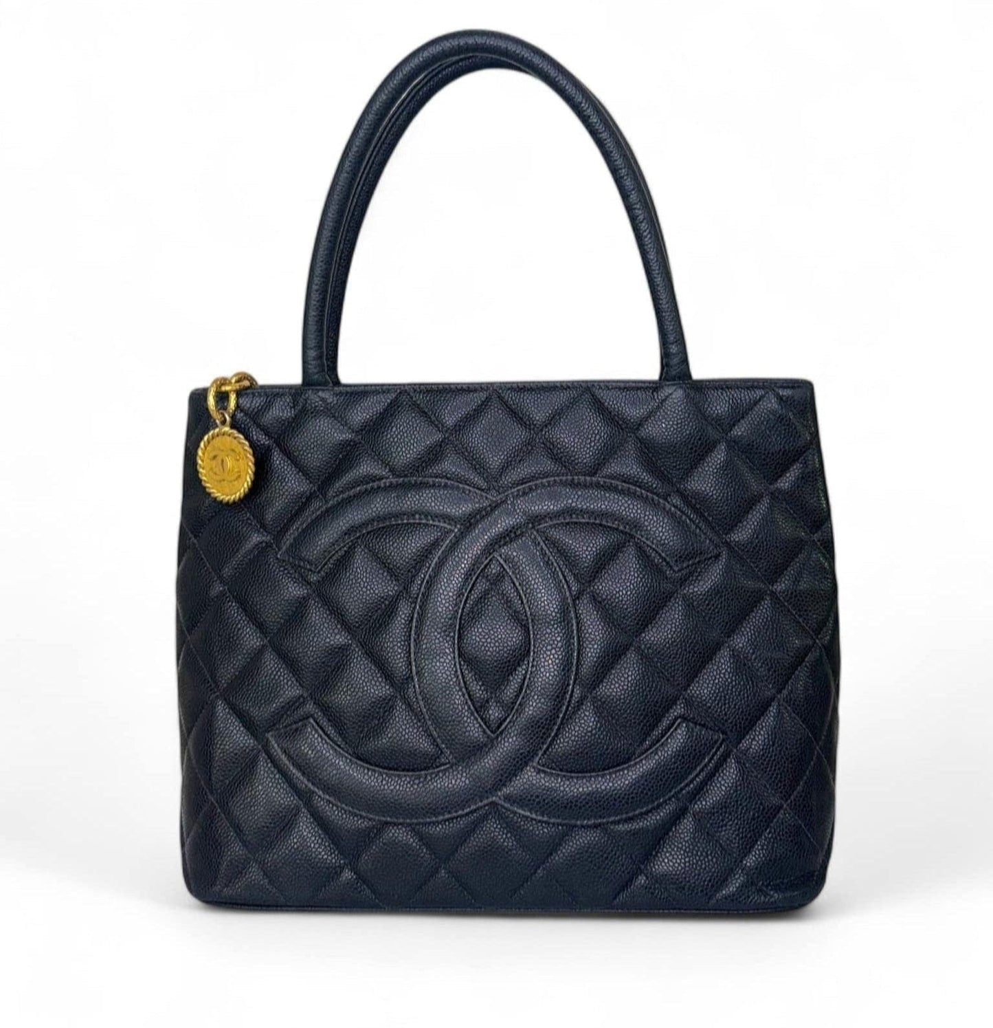 CHANEL Black Vintage CC Logo Caviar Leather Quilted Medallion Tote Bag