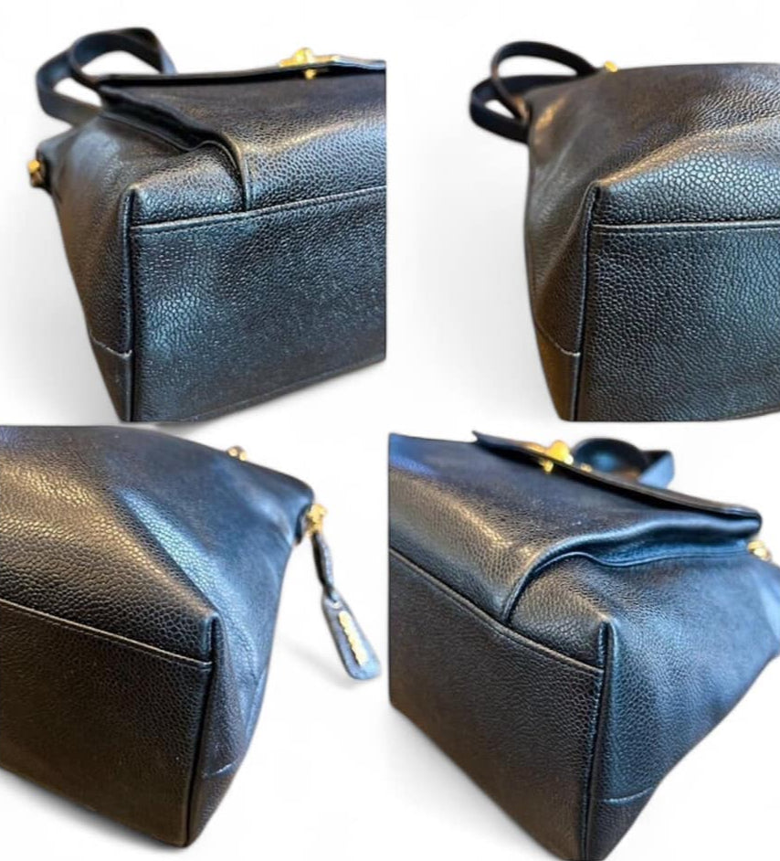 CHANEL Vintage Black Caviar Leather CC Logo Turn Lock Tote Bag