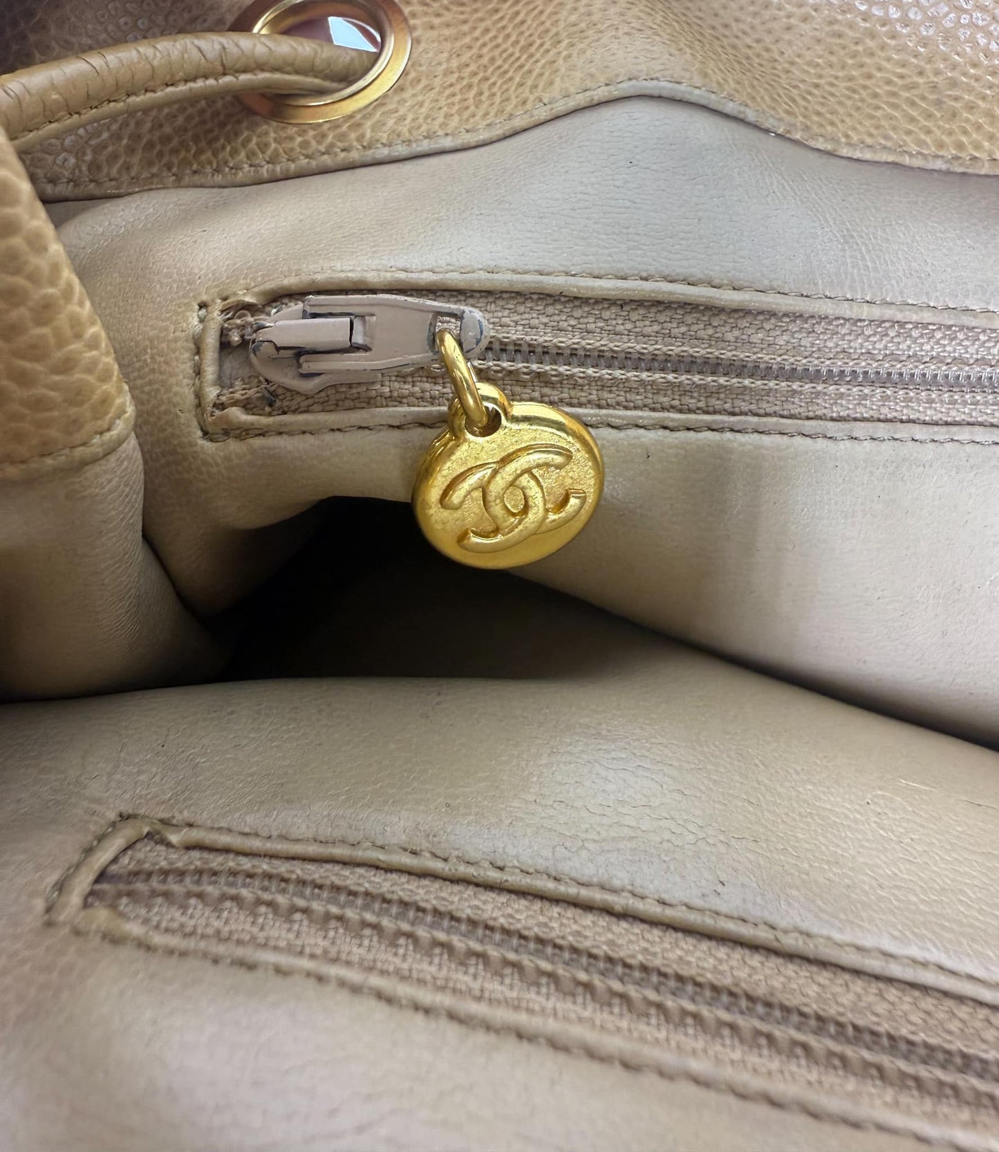 CHANEL Vintage Tan CC Logo Caviar Leather Backpack
