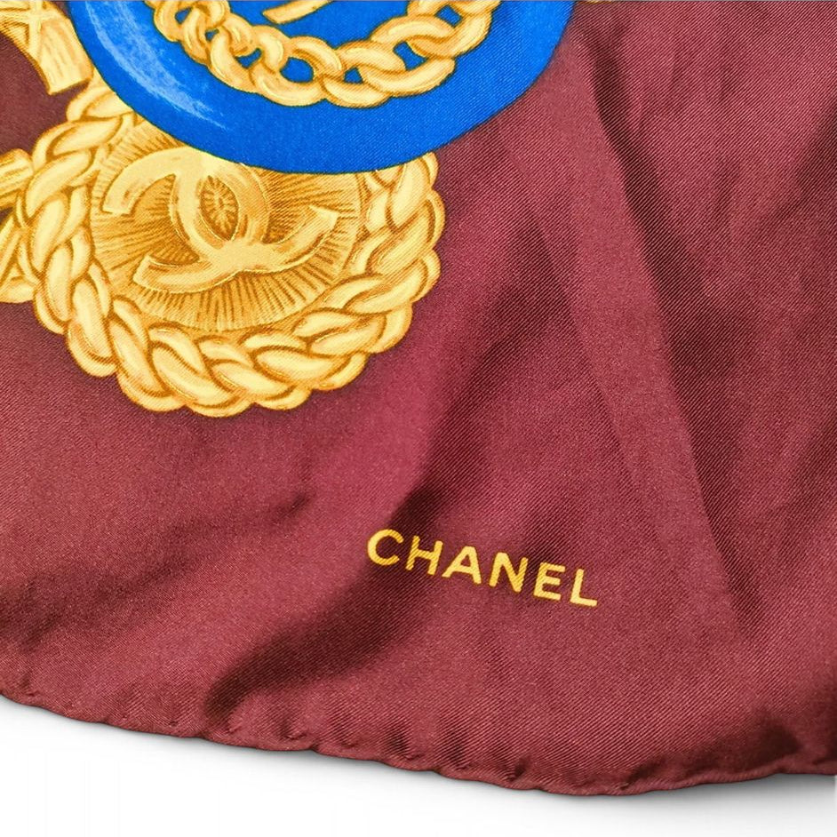 CHANEL Burgundy & Gold CC Logo Jewelry Motif 100% Silk Scarf