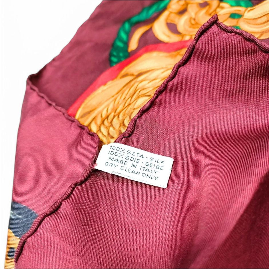 CHANEL Burgundy & Gold CC Logo Jewelry Motif 100% Silk Scarf