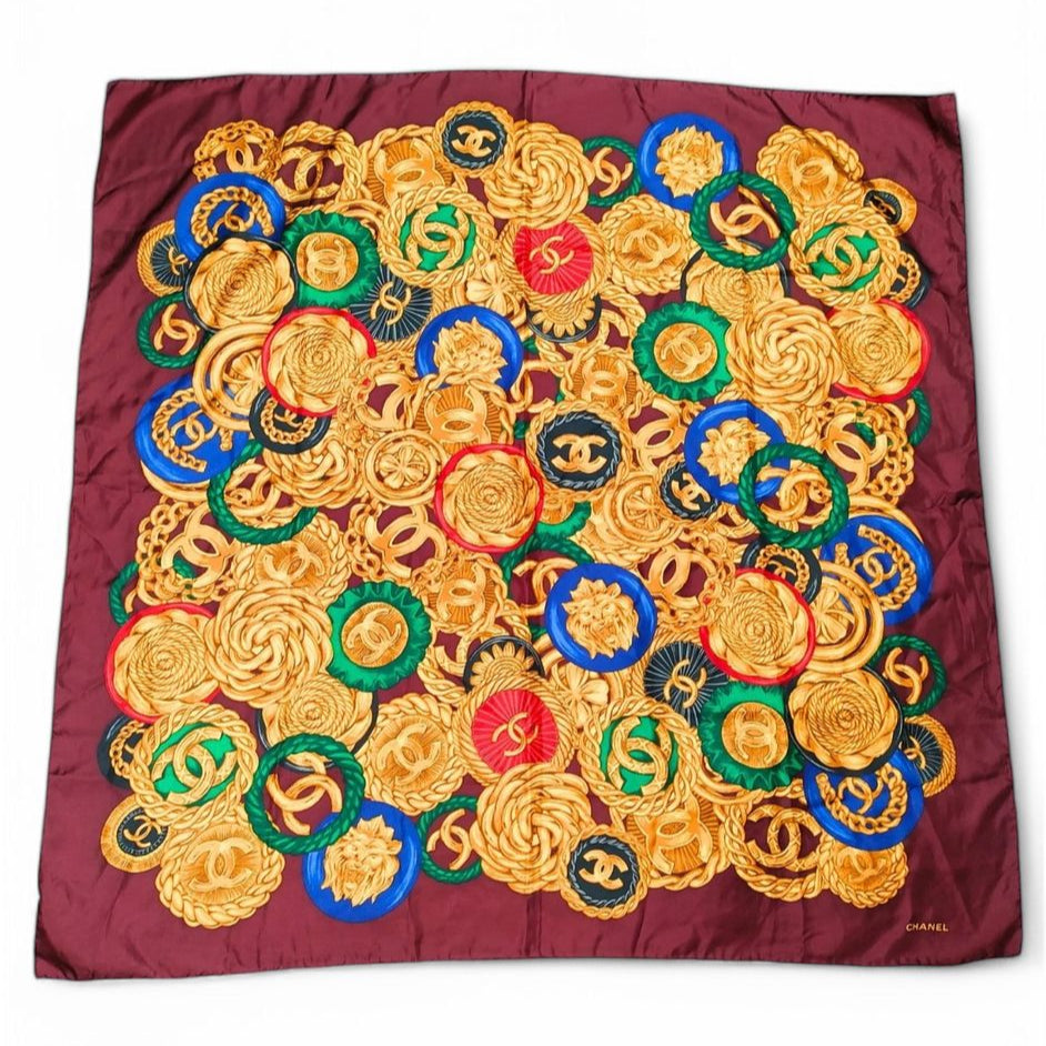 CHANEL Burgundy & Gold CC Logo Jewelry Motif 100% Silk Scarf