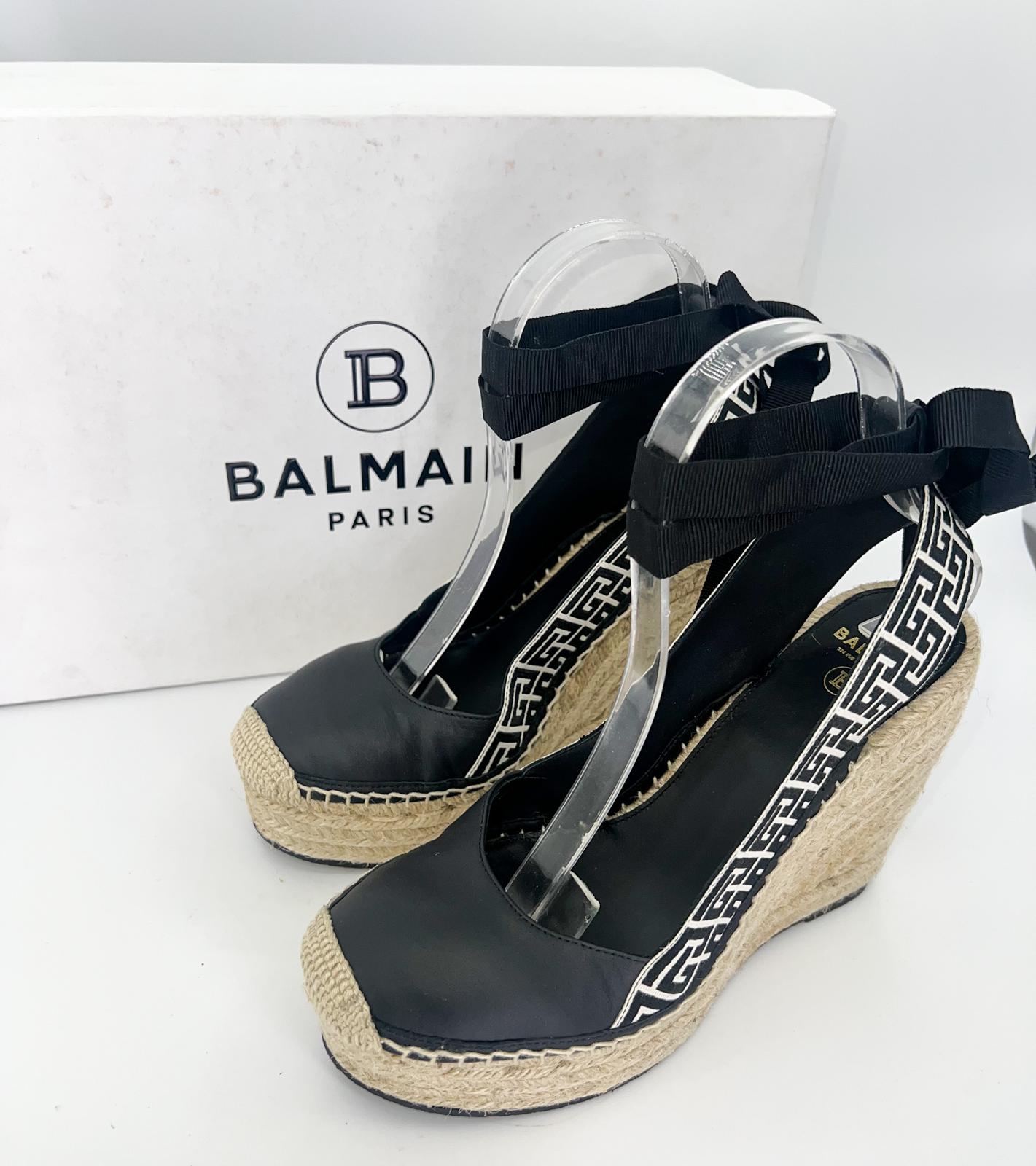 BALMAIN Black Alex Monogram Jacquard Espadrille Wedge Sandals SizeEU38