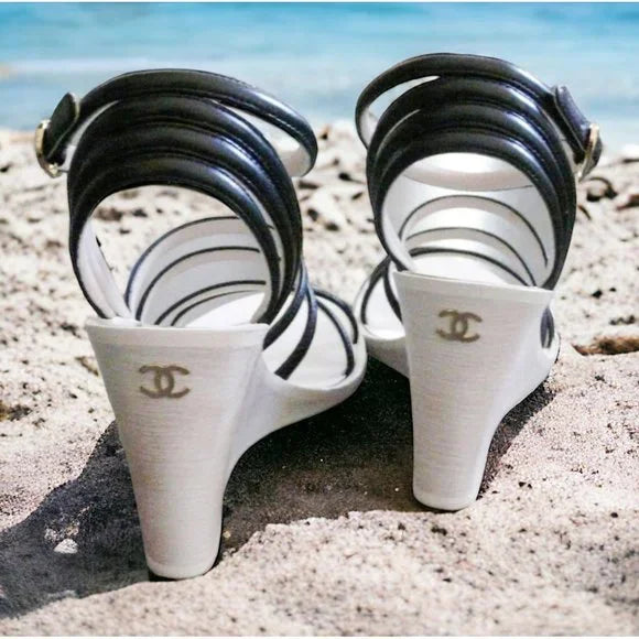 CHANEL Black & Beige CC Logo Wedge Heel Sandals IT38.5