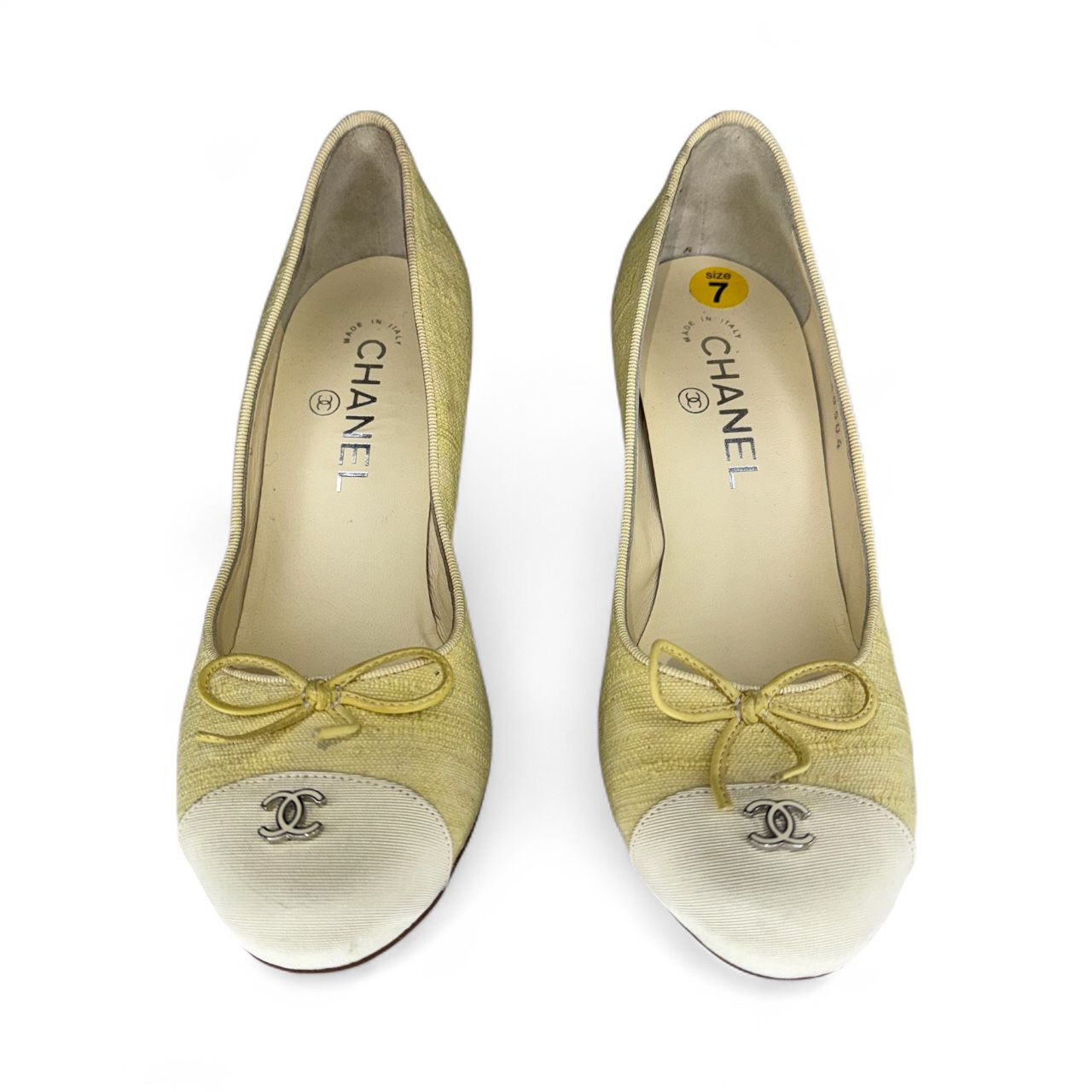CHANEL Cream and Yellow Linen Cap Toe Pumps IT37