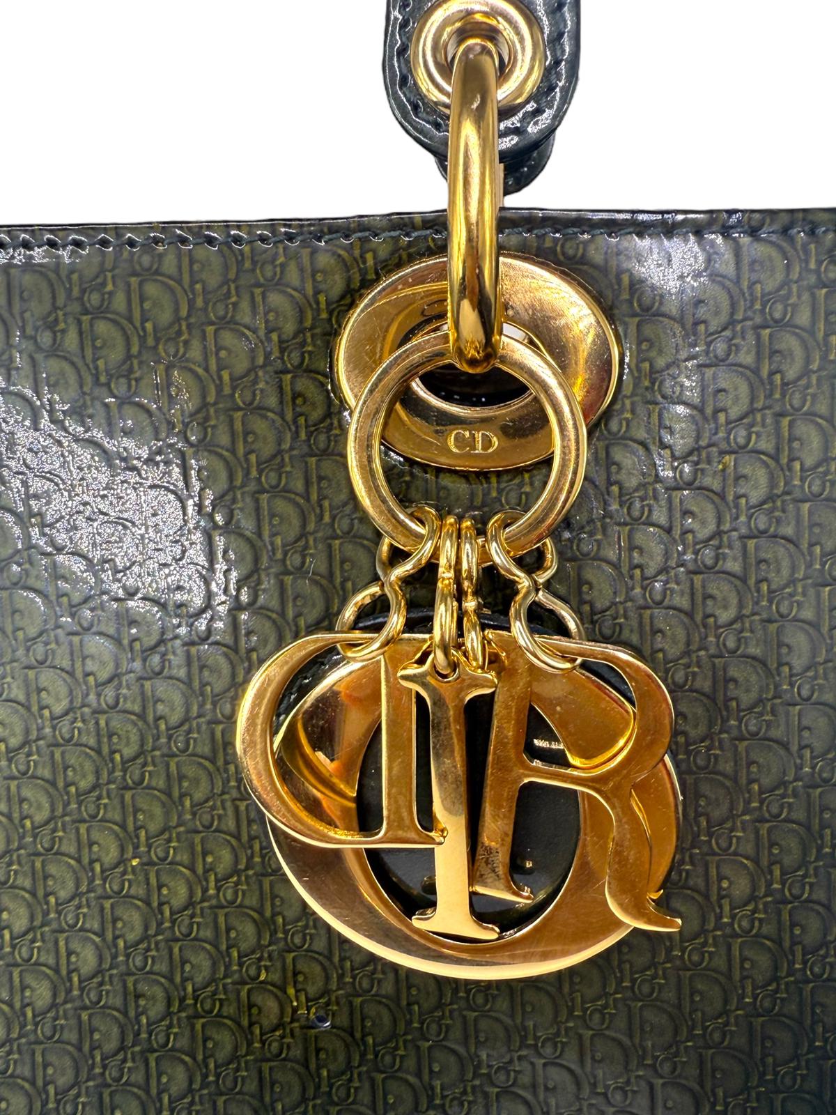 DIOR Olive Green Monogram Patent Leather Lady Dior Bag