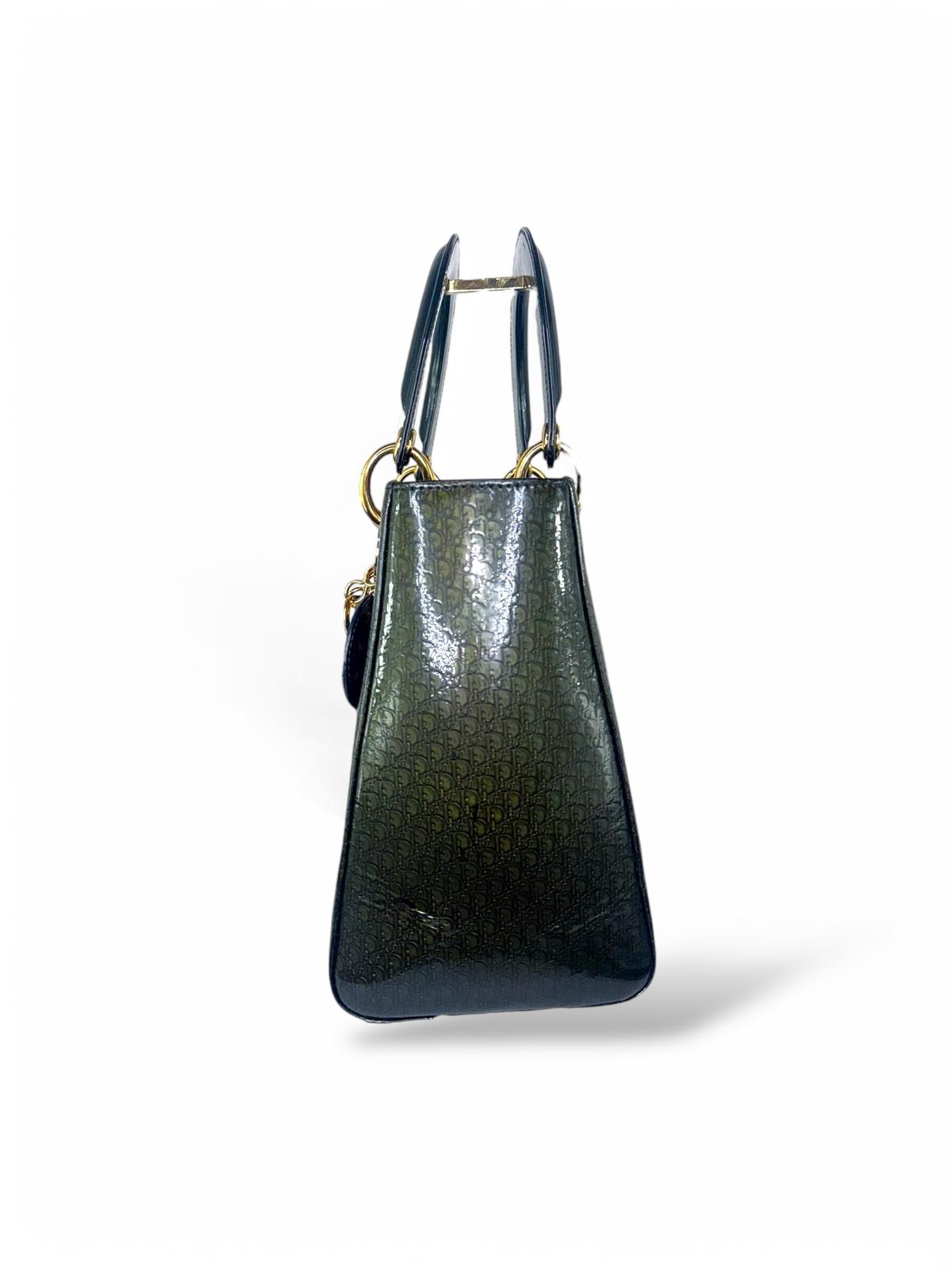 DIOR Olive Green Monogram Patent Leather Lady Dior Bag