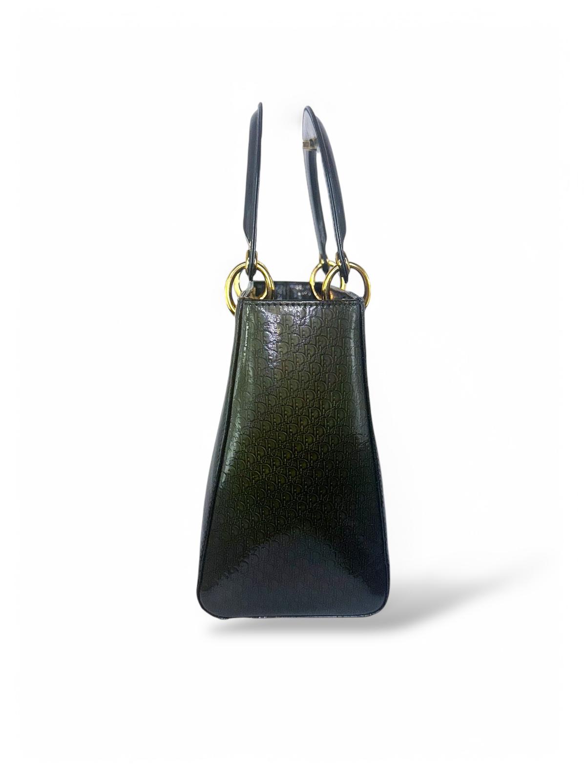 DIOR Olive Green Monogram Patent Leather Lady Dior Bag