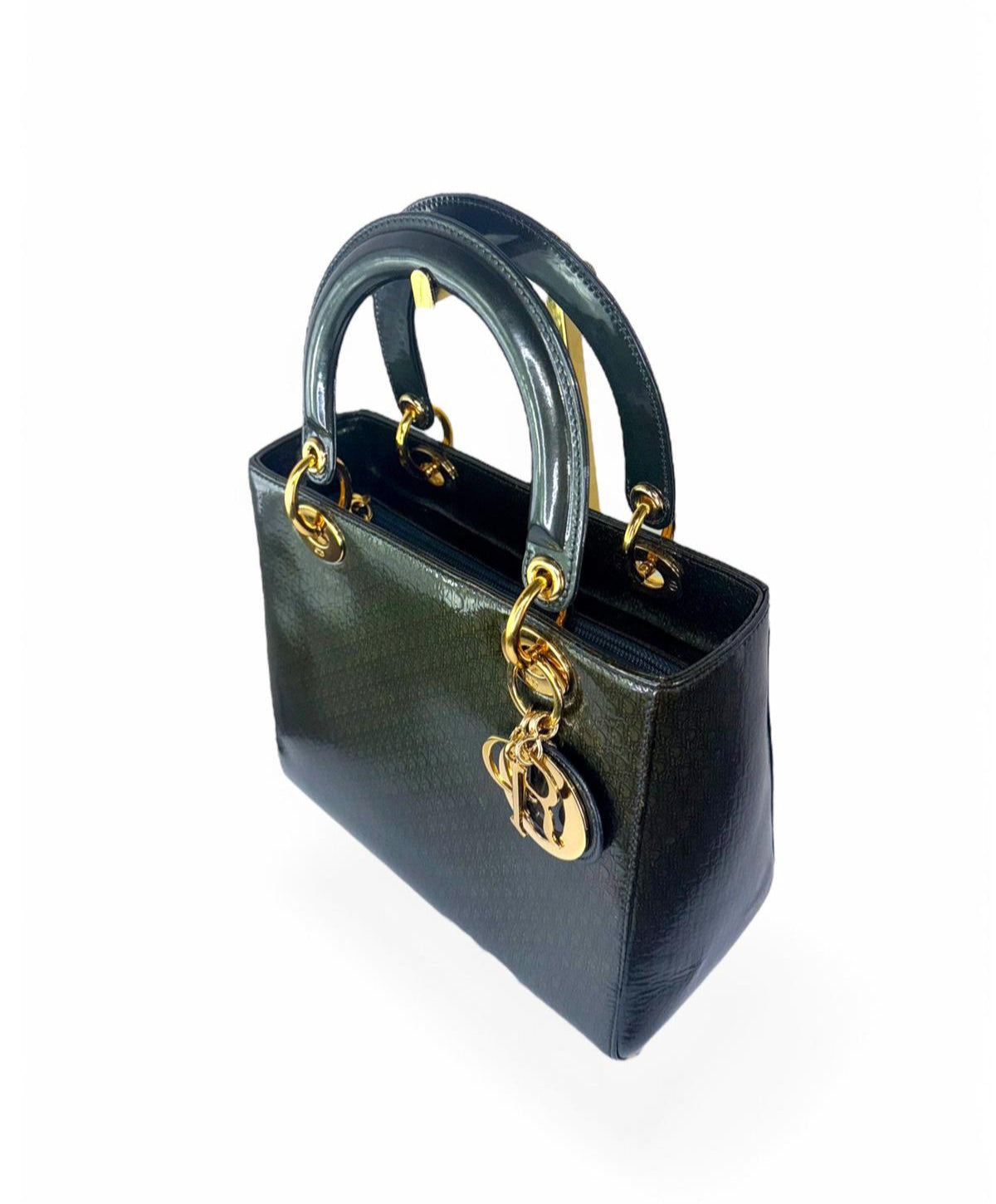 DIOR Olive Green Monogram Patent Leather Lady Dior Bag