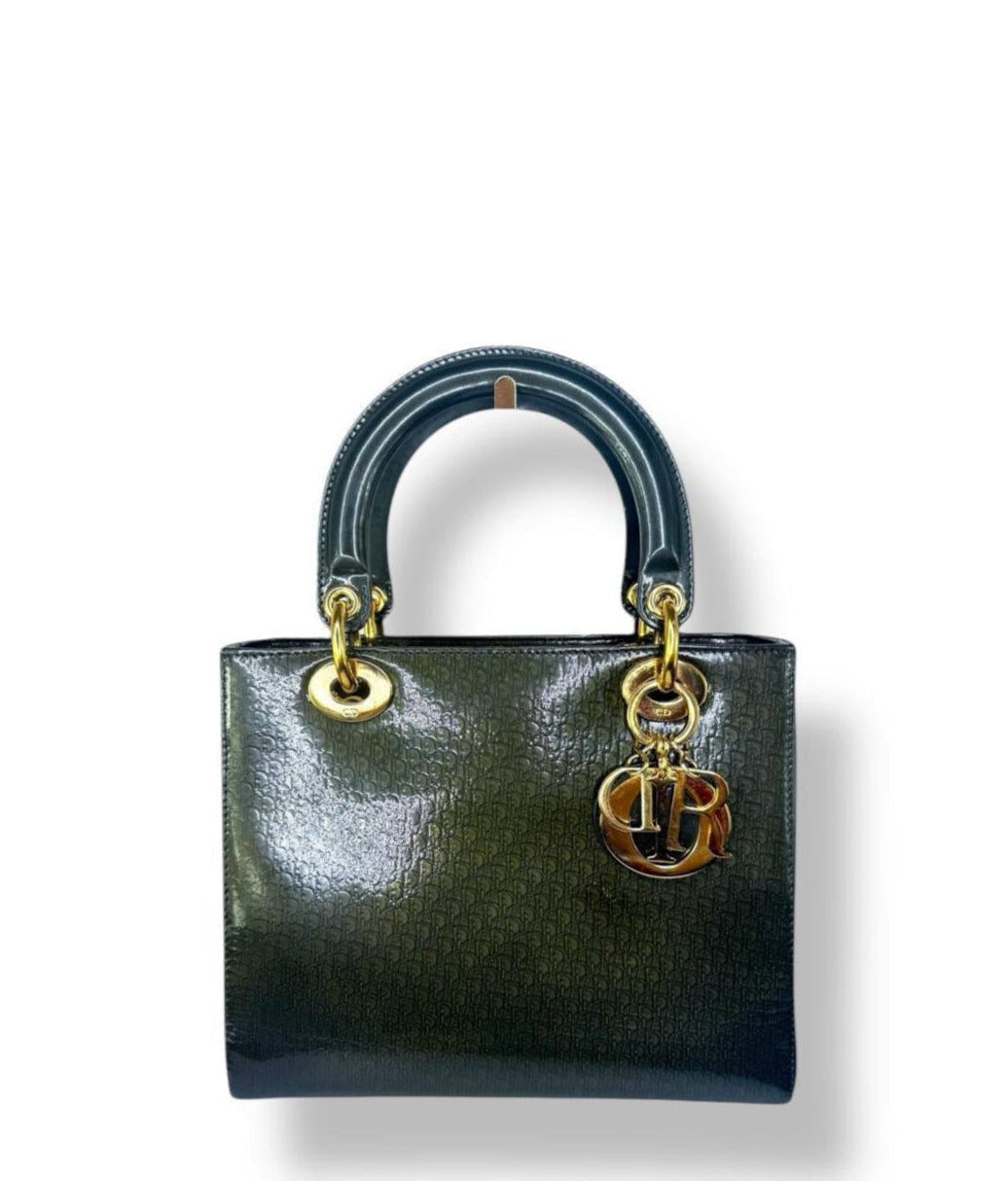 DIOR Olive Green Monogram Patent Leather Lady Dior Bag