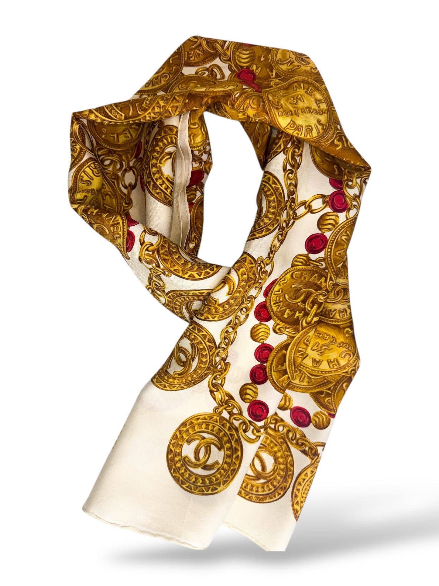 CHANEL CC Logo Jewelry Motif Silk Scarf