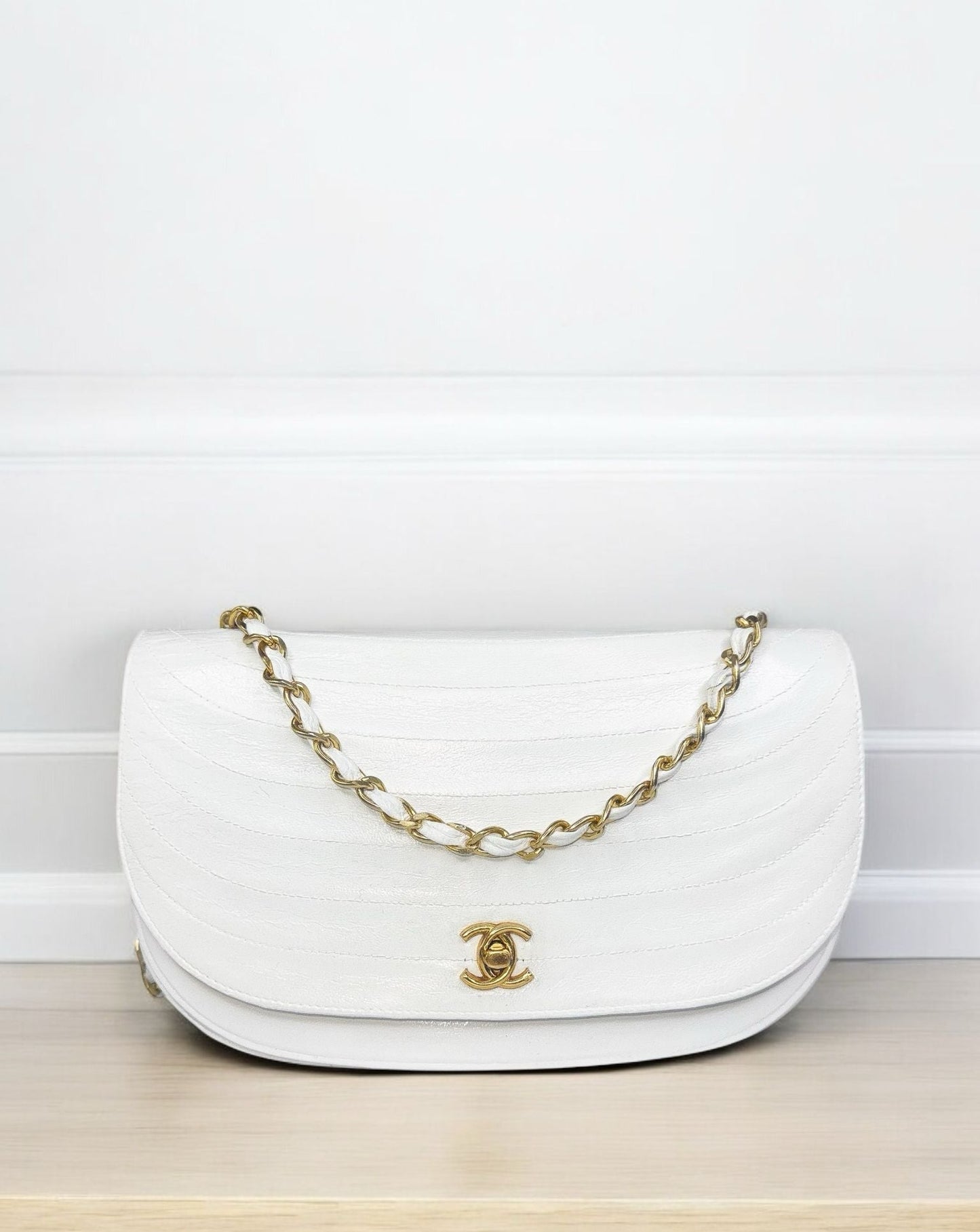 CHANEL White Classic Half Moon Flap Handbag