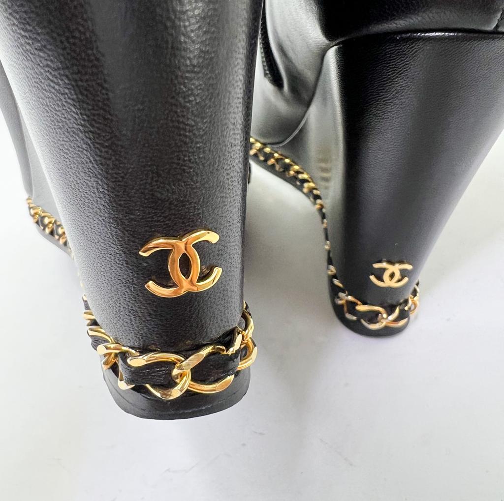 CHANEL Black Open Toe Lambskin Leather Gold Chain Wedge Ankle Boots Size EU38