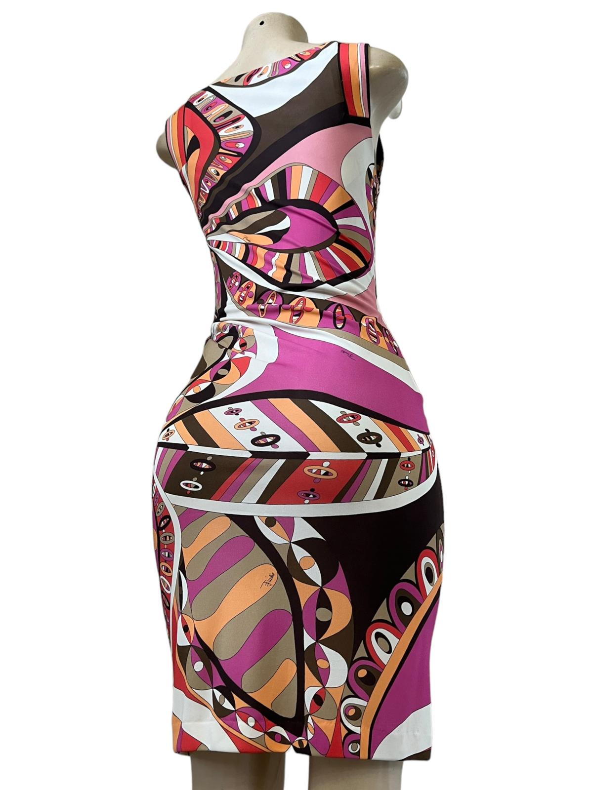 EMILIO PUCCI Multicolor Abstract Ruched Side Sheath Knee Length Dress EU40