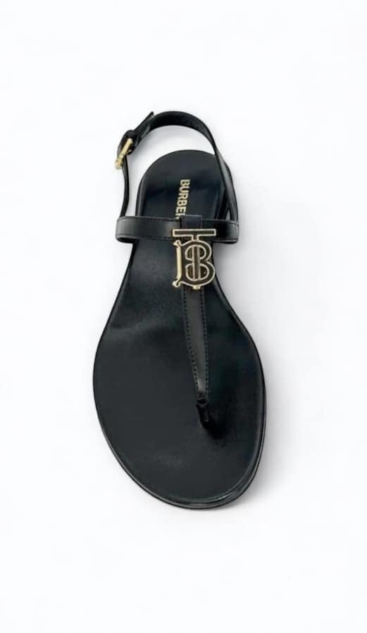 BURBERRY Emily Black 'B' Logo Plaque T-Strap Flat Sandals Size EU35.5