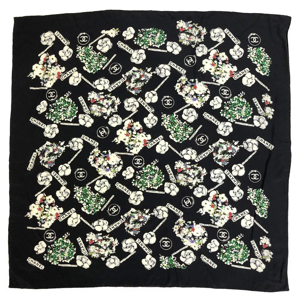 CHANEL Vintage Camellia & CC Logo Black Silk Scarf
