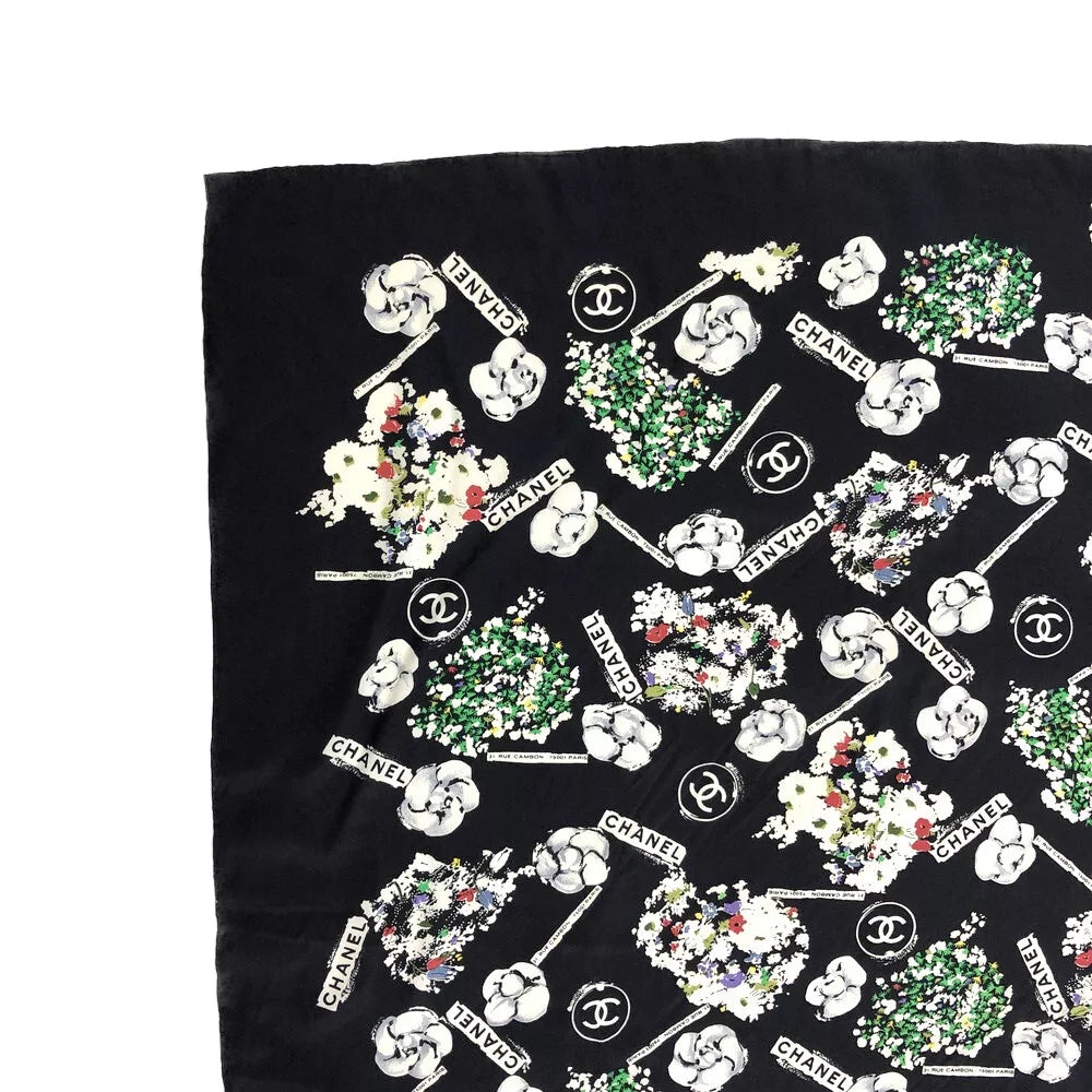 CHANEL Vintage Camellia & CC Logo Black Silk Scarf