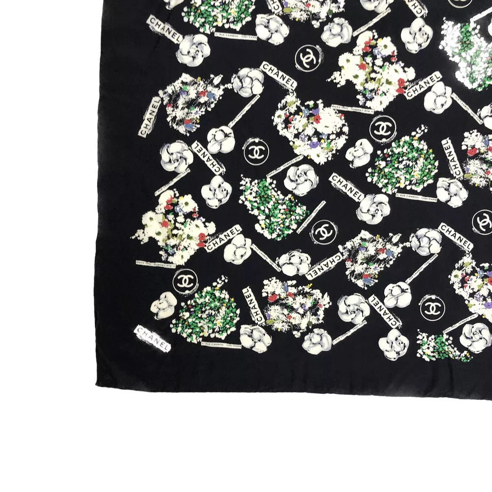 CHANEL Vintage Camellia & CC Logo Black Silk Scarf
