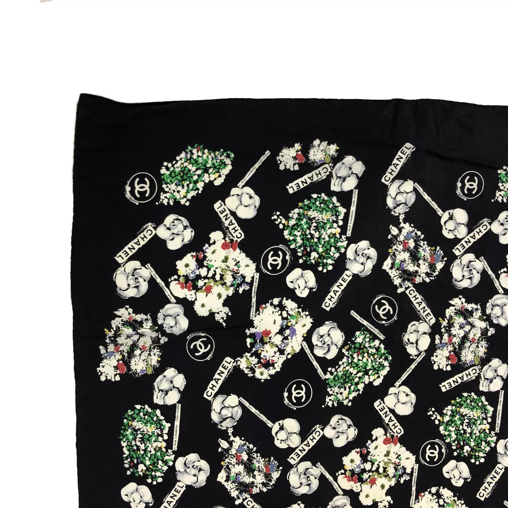 CHANEL Vintage Camellia & CC Logo Black Silk Scarf