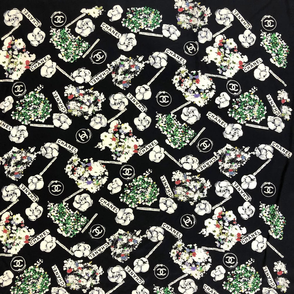 CHANEL Vintage Camellia & CC Logo Black Silk Scarf