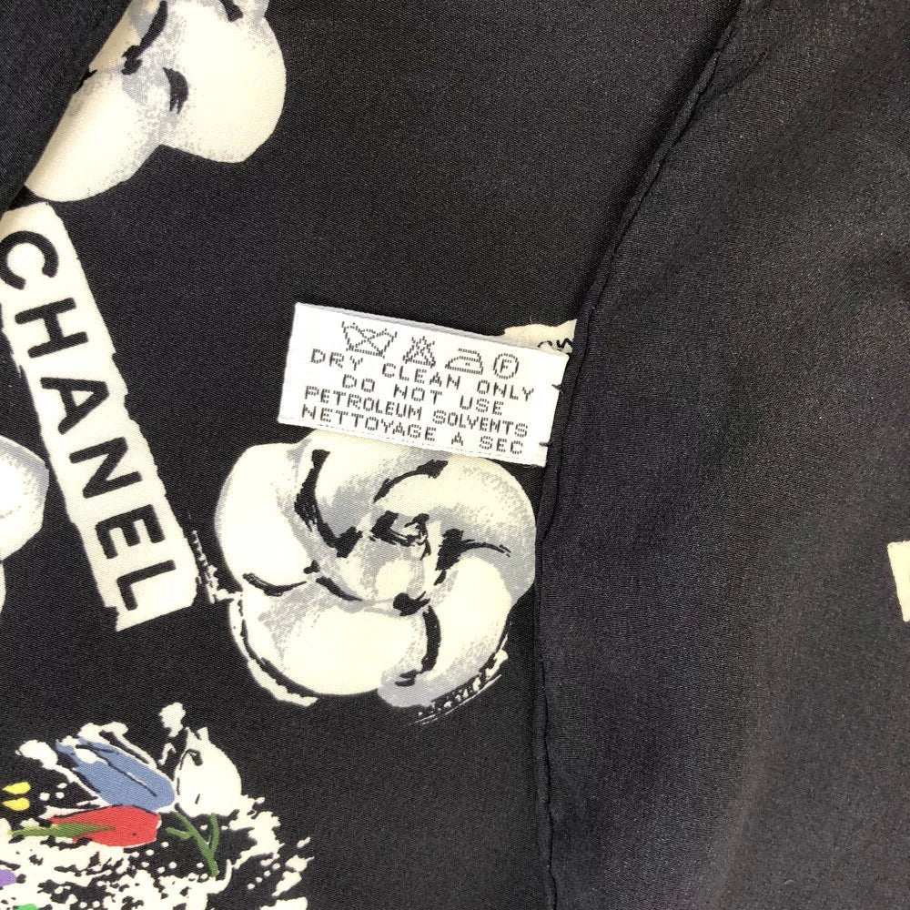 CHANEL Vintage Camellia & CC Logo Black Silk Scarf