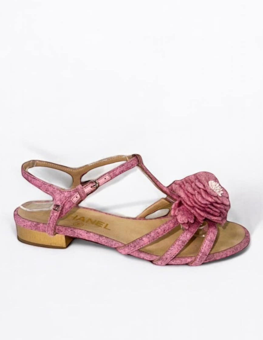 CHANEL Dusty Pink CC Logo Camellia Flower Sandals IT36