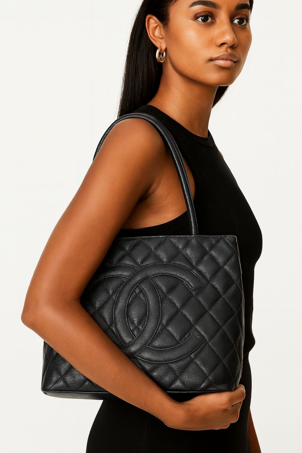 CHANEL Black Vintage CC Logo Caviar Leather Quilted Medallion Tote Bag