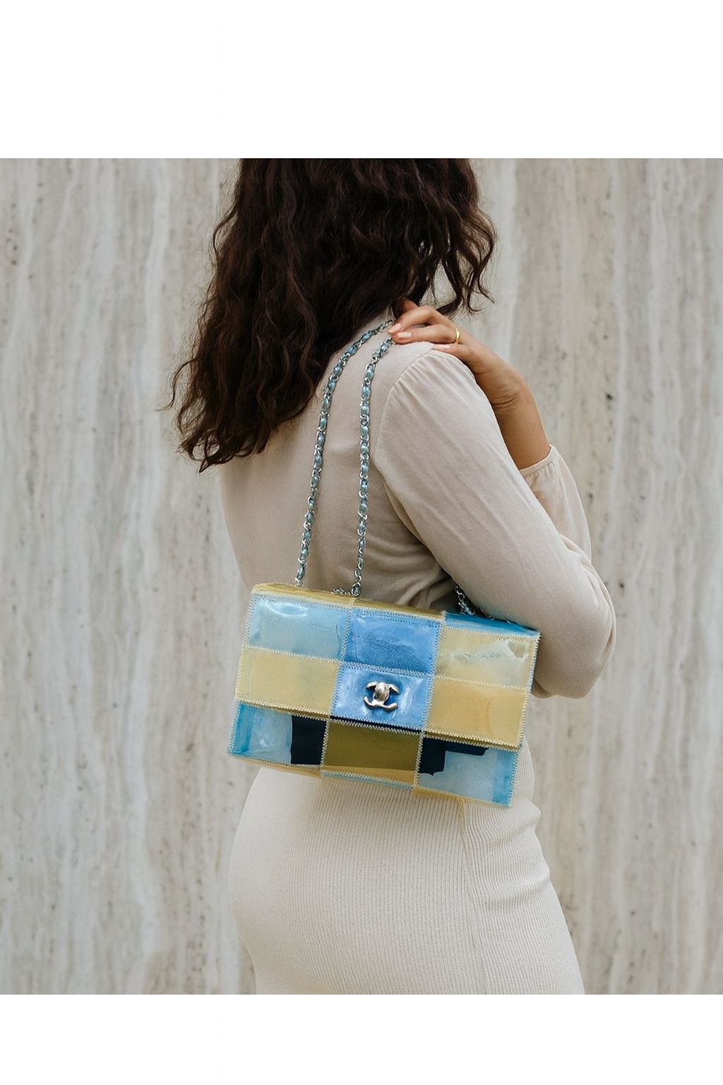 CHANEL Vintage 1999 Blue & Beige PVC Naked Patchwork CC Logo Flap Bag