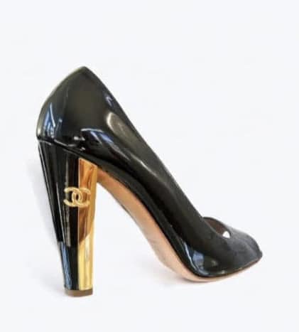 CHANEL Black & Gold Patent Leather CC Logo Heels IT40.5