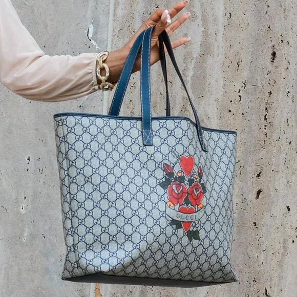 GUCCI Navy & Gray GG Supreme Monogram Logo Heart & Roses Tattoo Tote