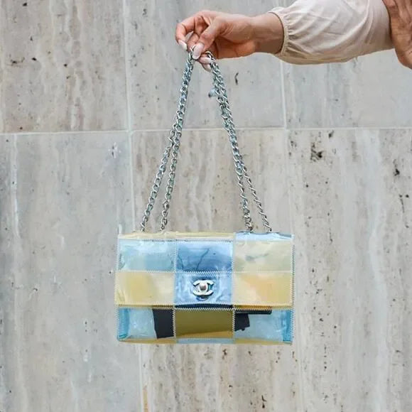 CHANEL Vintage 1999 Blue & Beige PVC Naked Patchwork CC Logo Flap Bag