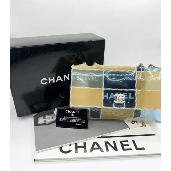 CHANEL Vintage 1999 Blue & Beige PVC Naked Patchwork CC Logo Flap Bag