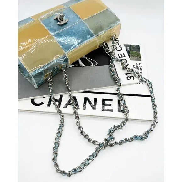 CHANEL Vintage 1999 Blue & Beige PVC Naked Patchwork CC Logo Flap Bag
