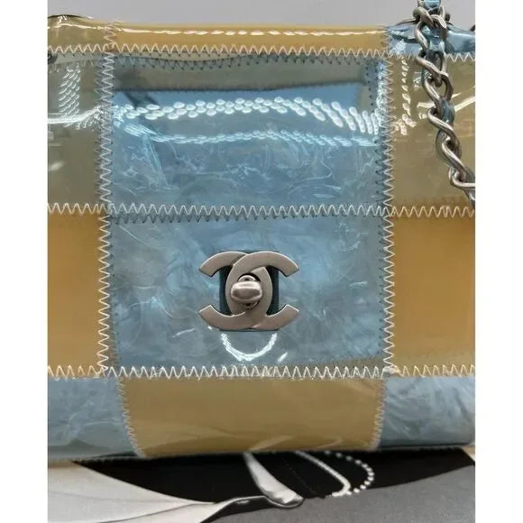 CHANEL Vintage 1999 Blue & Beige PVC Naked Patchwork CC Logo Flap Bag