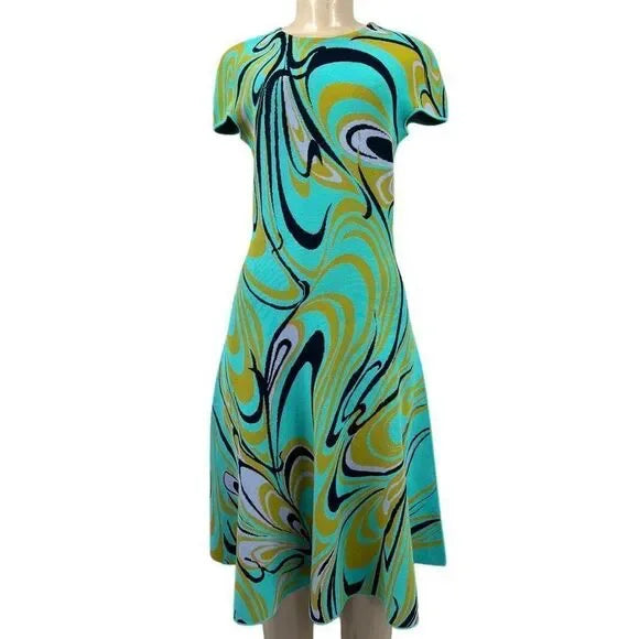 EMILIO PUCCI Turquoise Onde Print Fit & Flare Knit Knee Length Dress Size M