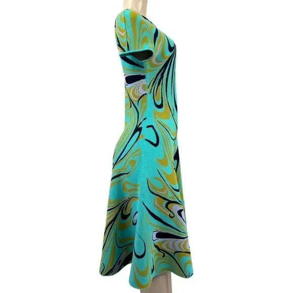 EMILIO PUCCI Turquoise Onde Print Fit & Flare Knit Knee Length Dress Size M