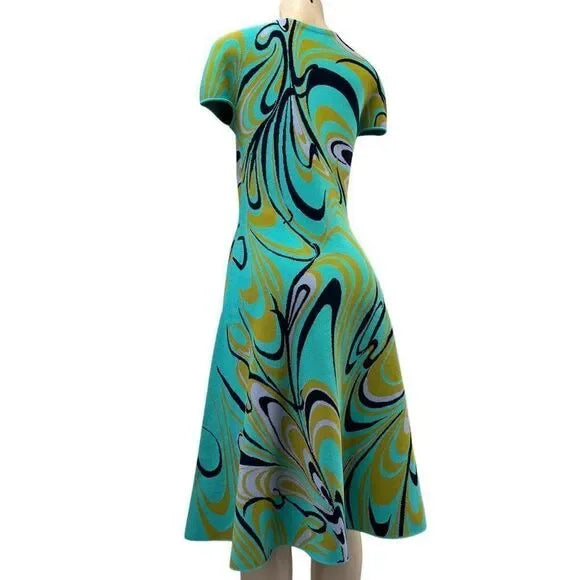 EMILIO PUCCI Turquoise Onde Print Fit & Flare Knit Knee Length Dress Size M