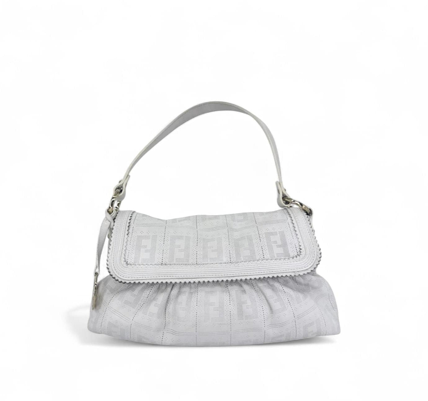 FENDI Chef Small White Perforated FF Zucca Calfskin Shoulder Bag