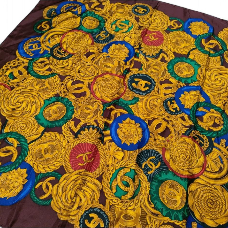 CHANEL Burgundy & Gold CC Logo Jewelry Motif 100% Silk Scarf