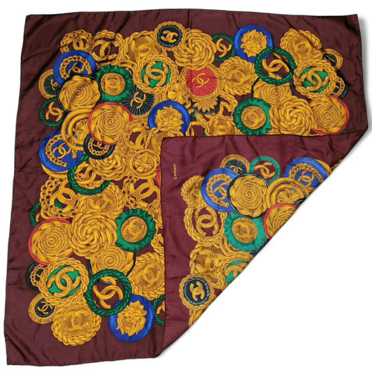 CHANEL Burgundy & Gold CC Logo Jewelry Motif 100% Silk Scarf