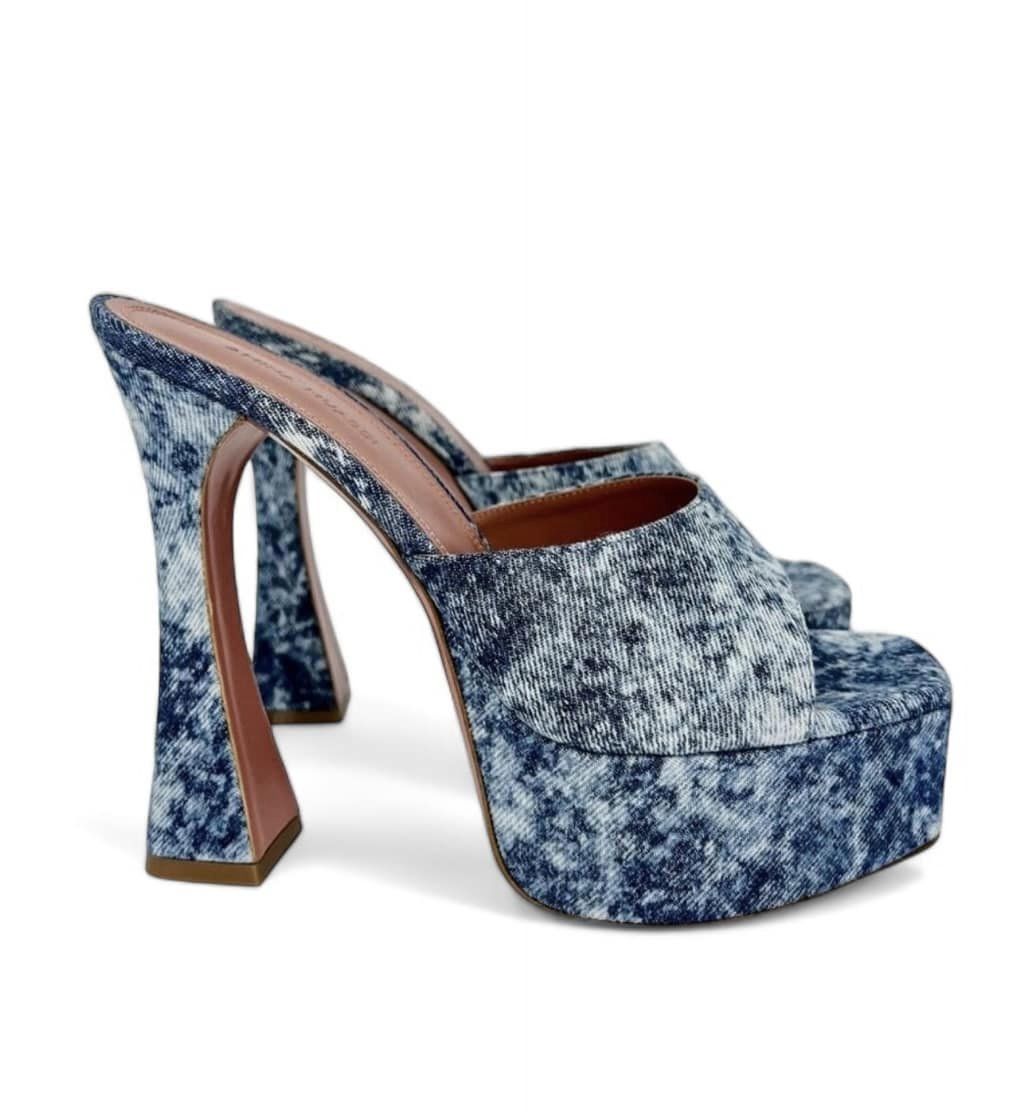 AMINA MUADDI Dalida Blue Denim Square Open Toe Platform Pumps Size EU39